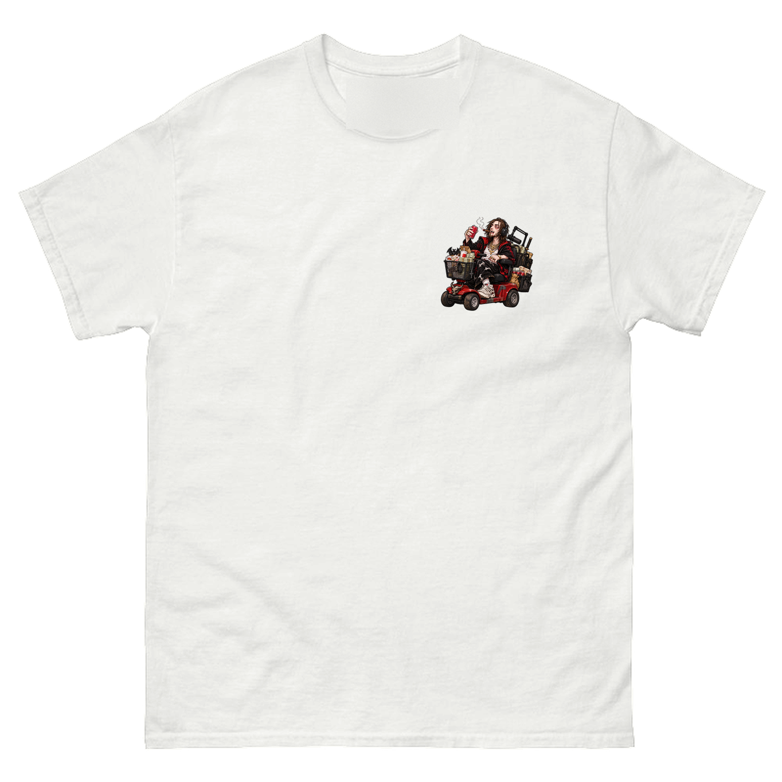 White tee with a small full-color patch over the heart of a long-haired man on a loaded red mobility scooter with cash, snacks, a microphone and a katana