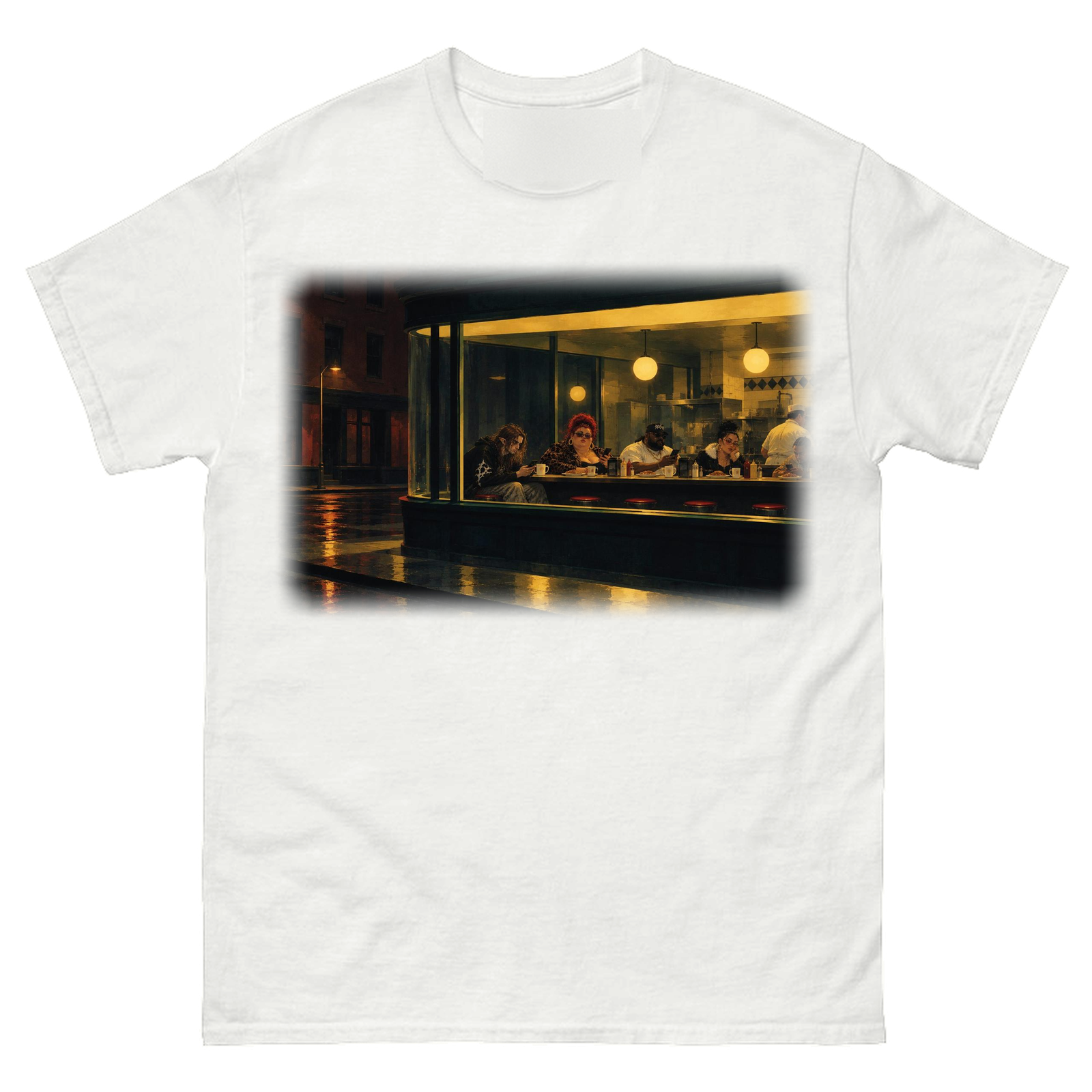 White tee with a large painting on the front of five people at a lit diner counter at night, each looking at a phone, with rain-wet street outside