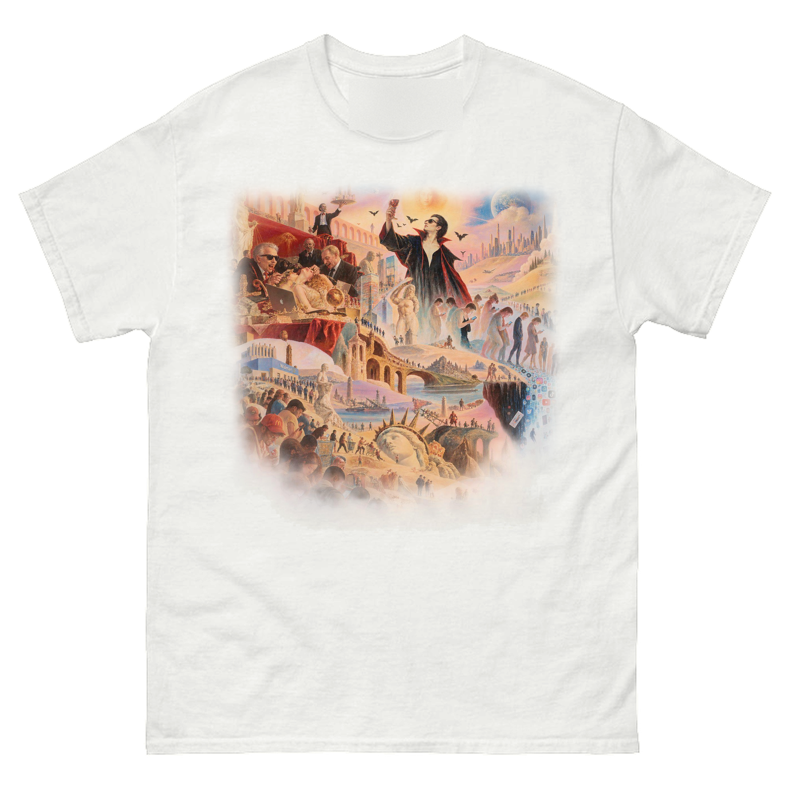 White tee with a large painted mural on the front of a figure in a black cape raising a glass above a crowd on a hillside