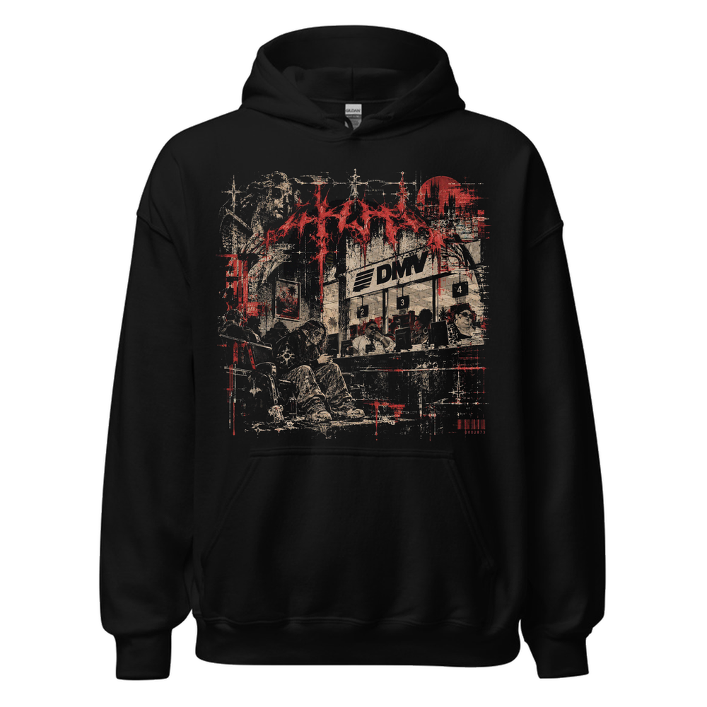 Black hoodie with a large red and bone illustration on the chest of a crowded government counter, a long-haired man in a plastic chair looking at his phone, and dripping gothic lettering above