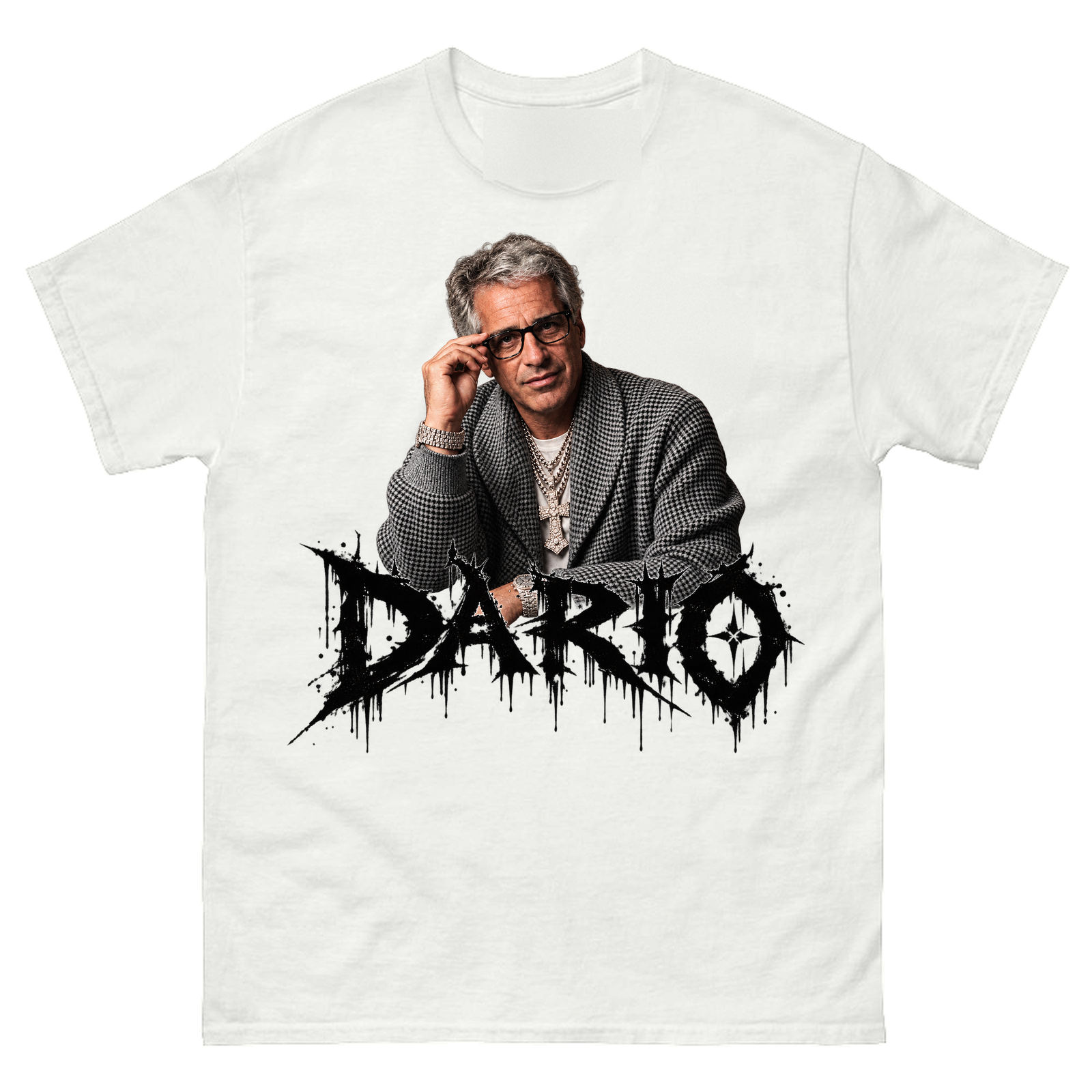 White tee with a portrait of a gray-haired man in glasses, houndstooth coat and a diamond cross over dripping black metal lettering