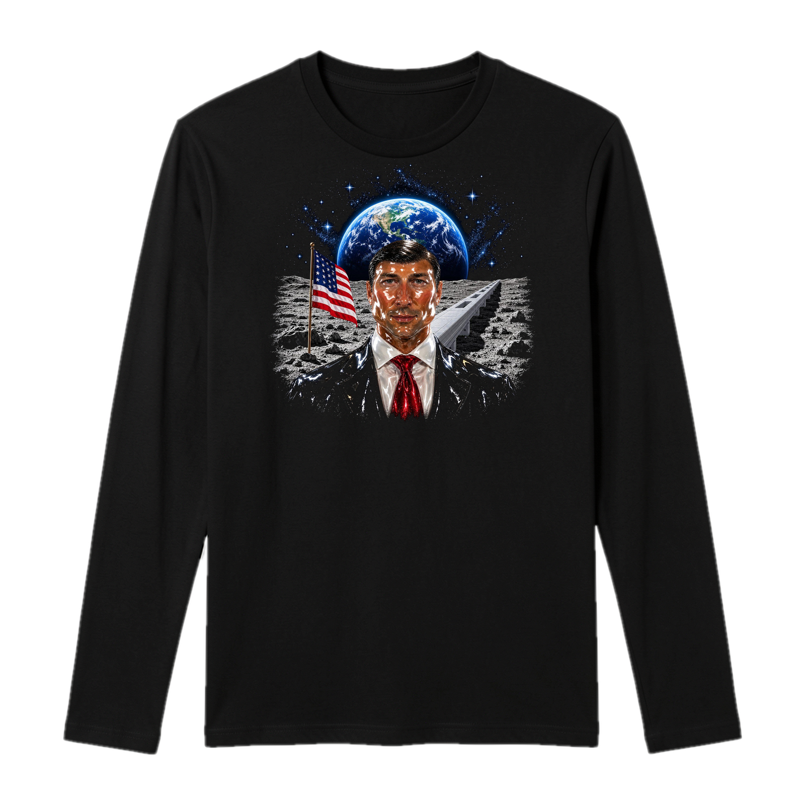 Black long sleeve tee with a large illustration on the chest of a glossy man in a dark suit and red tie on the moon, an American flag beside him, Earth rising behind and a long white walkway to the horizon